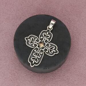 james avery sterling silver & 14k gold retired ornate scroll cross pendant